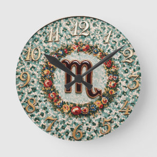 Reloj Redondo Mediano Mosaico Floral de Estilo Antiguo Zodiaco Escorpio