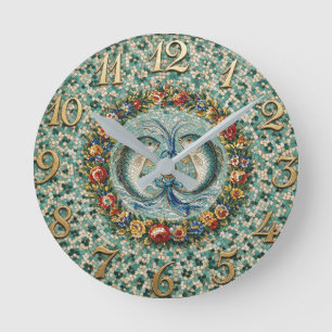 Reloj Redondo Mediano Mosaico Floral de Estilo Antiguo Zodíaco Piscis