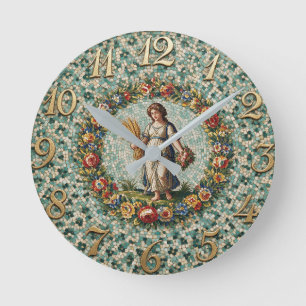 Reloj Redondo Mediano Mosaico Floral de Estilo Antiguo Zodíaco Virgo