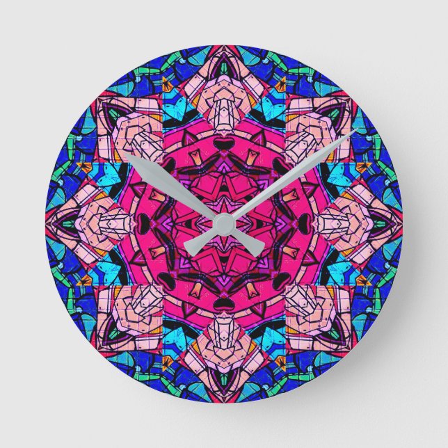 Reloj Redondo Mediano Mosaico rosa Mandala Floral Psicodélico Retro (Anverso)