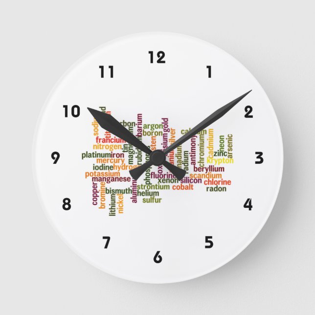 Reloj Redondo Mediano Most Common Elements (Word Cloud Chemistry) (Anverso)