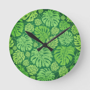 Reloj Redondo Mediano Mostera hojas patrón floral