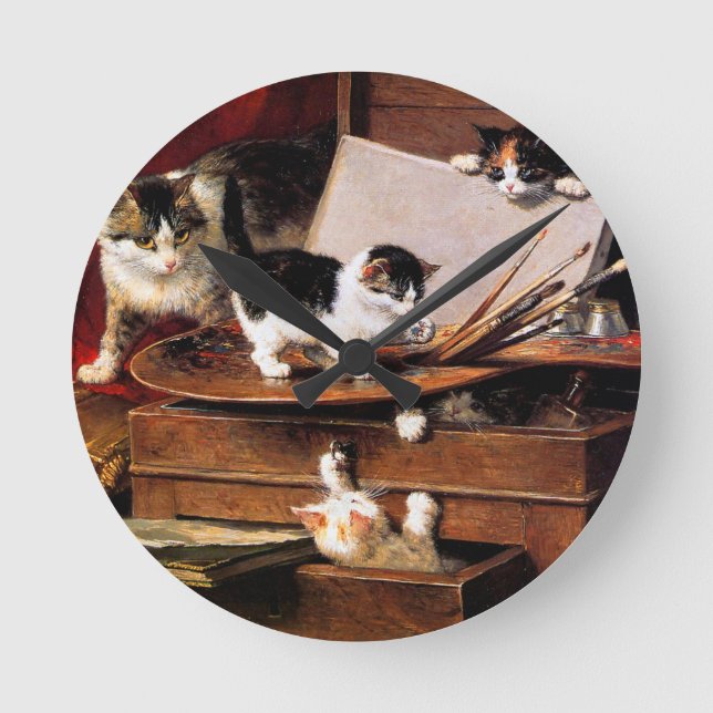 Reloj Redondo Mediano Mother Cat and Kittens on Table (Anverso)