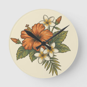 Reloj Redondo Mediano Motivo Hawaiano de la Isla de Hibisco