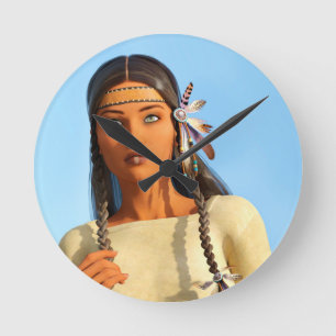 Reloj Redondo Mediano Mujer Nativa Americana Indígena Hermosa Vestimenta