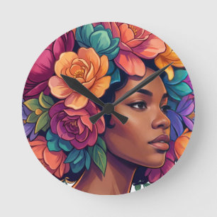 Reloj Redondo Mediano Mujer negra floral afro inspiradora Bloom
