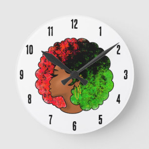 Reloj Redondo Mediano Mujer niña negra panafricana orgullo afro verde ro