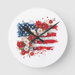 Reloj Redondo Mediano Mujeres 4 de julio Flor americana Bandera Flores s