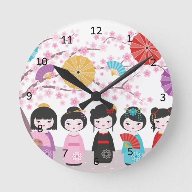 Reloj Redondo Mediano Muñecas kokeshi japonesas (Anverso)