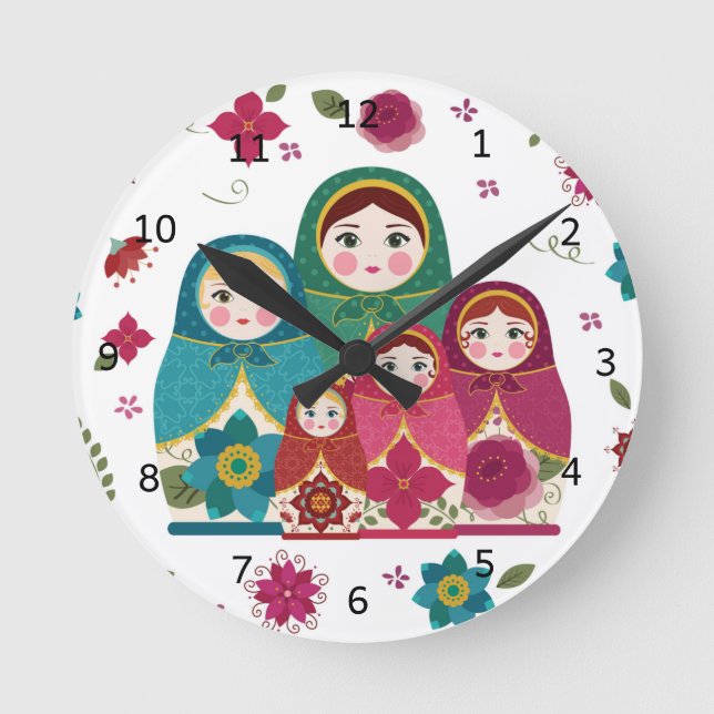 Reloj Redondo Mediano Muñecas rusas blancas (Anverso)
