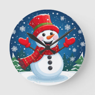 Reloj Redondo Mediano Muñeco de nieve alegre con bufanda y sombrero rojo
