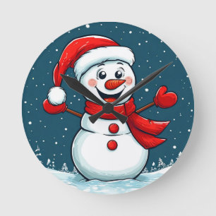 Reloj Redondo Mediano Muñeco de nieve alegre con sombrero de Santa y buf