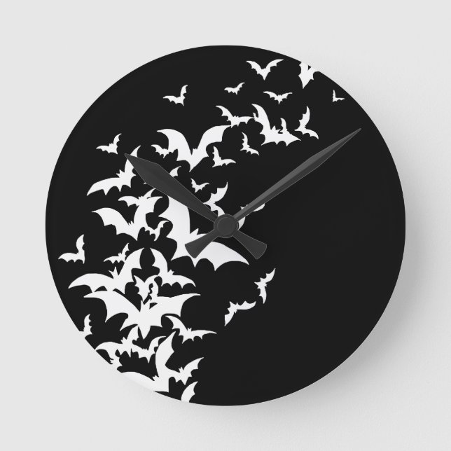 Reloj Redondo Mediano Murciélagos blancos en negro (Anverso)