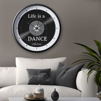 Reloj Redondo Mediano Música de registro de vinilo de color negro y blan