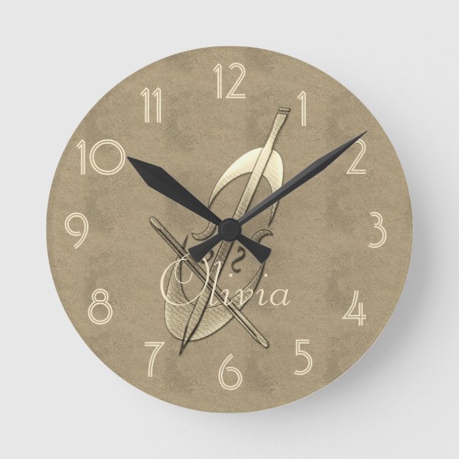 Reloj Redondo Mediano Músico de música Cello Gold Añadir nombre (Anverso)
