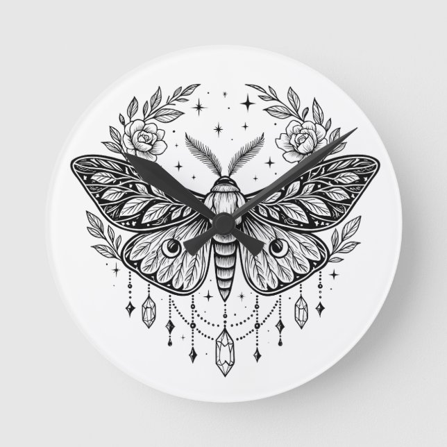 Reloj Redondo Mediano Mystical Gothic Moth Botanical Celestial Line Art (Anverso)