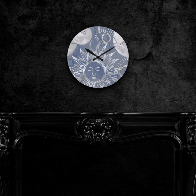 Reloj Redondo Mediano Mystique solar | Dusty Blue Silver Moon Stars Sun (Subido por el creador)