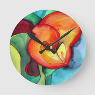 Reloj Redondo Mediano Naranja Canna lily flor acuarela original arte