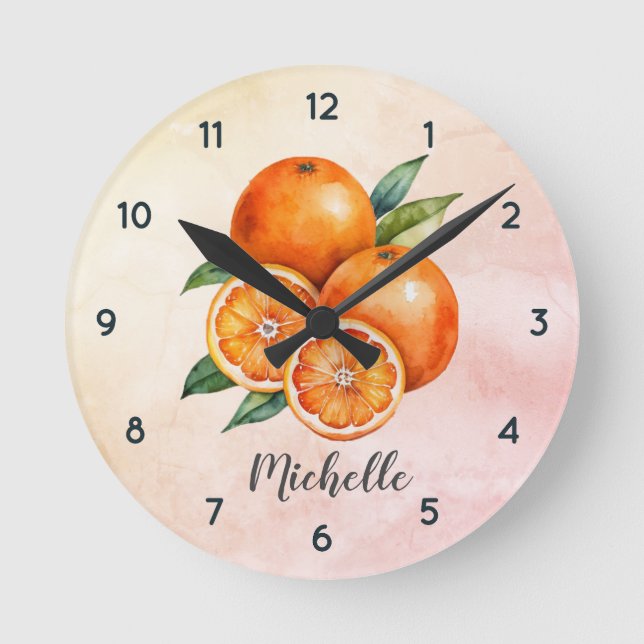Reloj Redondo Mediano Naranja de acuarela personalizada de moda (Anverso)