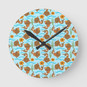 Reloj Redondo Mediano Naranja de la familia Otter Flores Animales Acuát