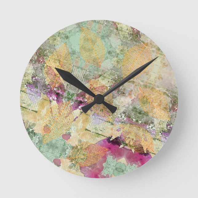 Reloj Redondo Mediano Naranja de oro hojas de hojas de otoño en descompo (Anverso)