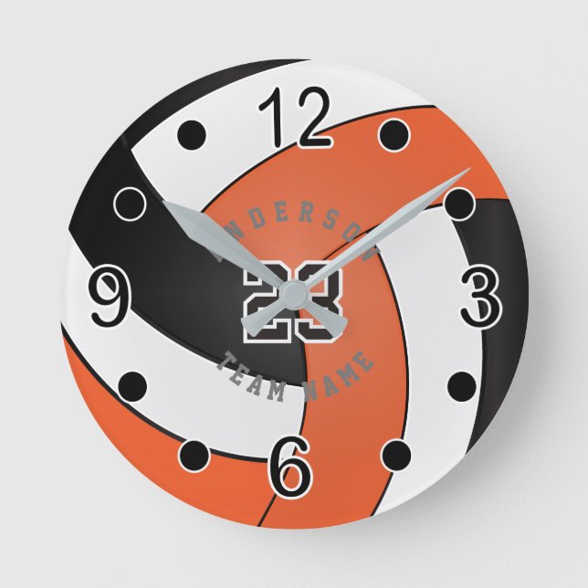 Reloj Redondo Mediano Naranja, estilo de voleibol blanco y negro - texto (Anverso)