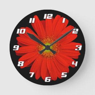 Reloj Redondo Mediano Naranja Gerbera Daisy Flor en negro con números