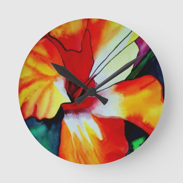 Reloj Redondo Mediano Naranja Hibiscus flor tropical acuarela arte (Anverso)
