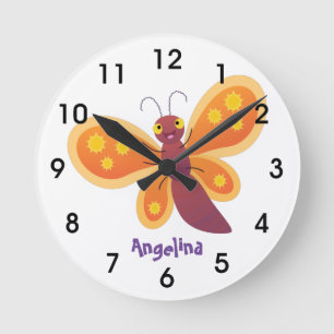 Reloj Redondo Mediano naranja muy feliz personalizado mariposa ilustraci