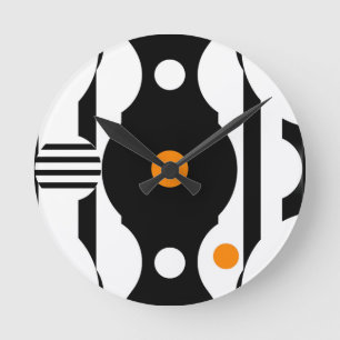 Reloj Redondo Mediano Naranja Negro Retro Mod Geométrico
