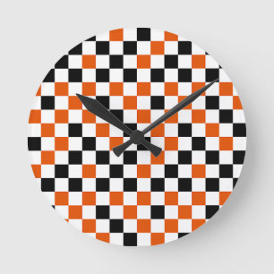 Reloj Redondo Mediano Naranja Negro y Blanco Cuadros 