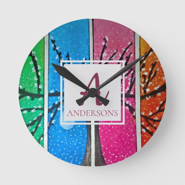 Reloj Redondo Mediano Naranja verde azul bonito rosa | Monograma (Anverso)