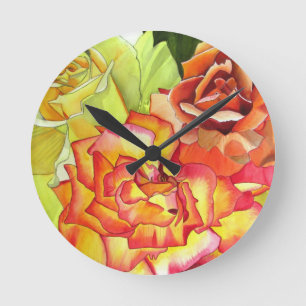 Reloj Redondo Mediano Naranja y rosas amarillas arte acuarela