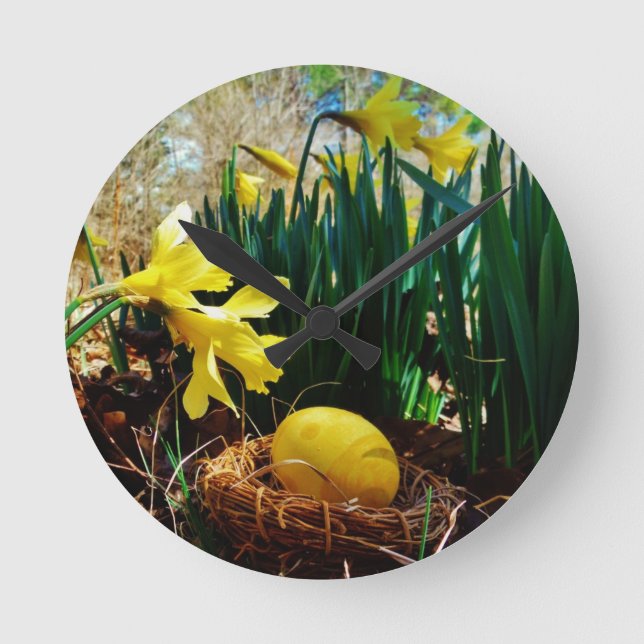 Reloj Redondo Mediano Narcisos amarillos y un huevo de Pascua amarillo (Anverso)