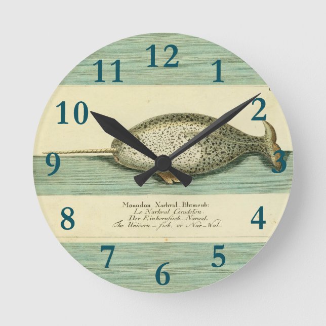 Reloj Redondo Mediano Narwhal Antiguo Whale Watercolor Arte Científico (Anverso)