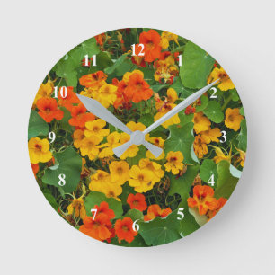 Reloj Redondo Mediano Nasturtios florales amarillos y Naranjas