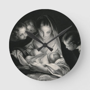 Reloj Redondo Mediano Natividad Niño Jesús Virgen María Angela Blanco Ne
