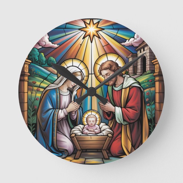 Reloj Redondo Mediano Nativity Stained Glass Art – Holy Family Christmas (Anverso)