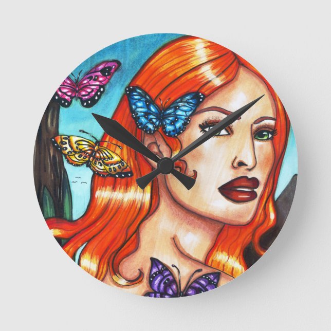 Reloj Redondo Mediano Nature Girl Butterflies original fantasy art Canva (Anverso)
