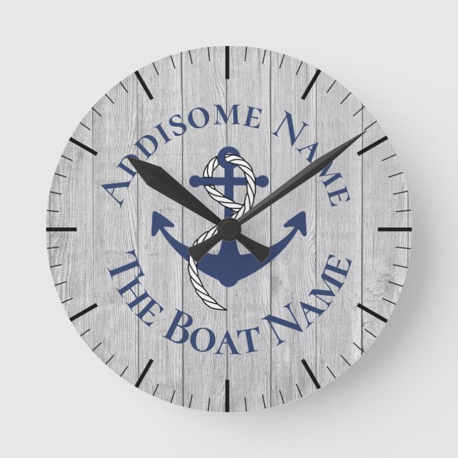 Reloj Redondo Mediano Náutica Familia Nautica Nombre Navy Anclaje madera (Anverso)