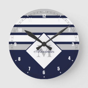 Reloj Redondo Mediano Náutica moderna Navy franjas grises azules Monogra