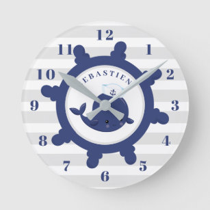 Reloj Redondo Mediano Nautical Blue Baby Whale Boys Nursery
