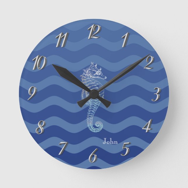 Reloj Redondo Mediano Nautical Navy Blue Stripe Waves Seahorse (Anverso)