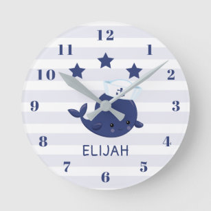 Reloj Redondo Mediano Nautical Navy Blue Whale Boy Nursery