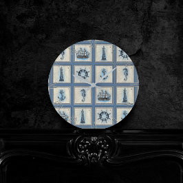 Reloj Redondo Mediano Nautical Tiles | Blue Lighthouse Anchor Ship Wheel