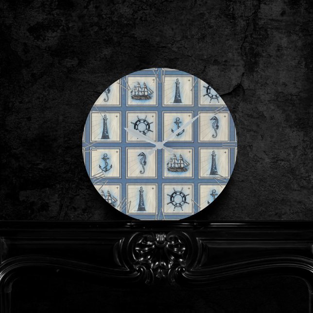 Reloj Redondo Mediano Nautical Tiles | Blue Lighthouse Anchor Ship Wheel (Subido por el creador)