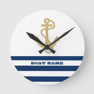Reloj Redondo Mediano Náutico, Ancla Dorada  Azul Marino Rayas Blancas