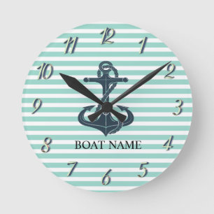 Reloj Redondo Mediano Náutico,Ancla,Rayas Verde Menta
