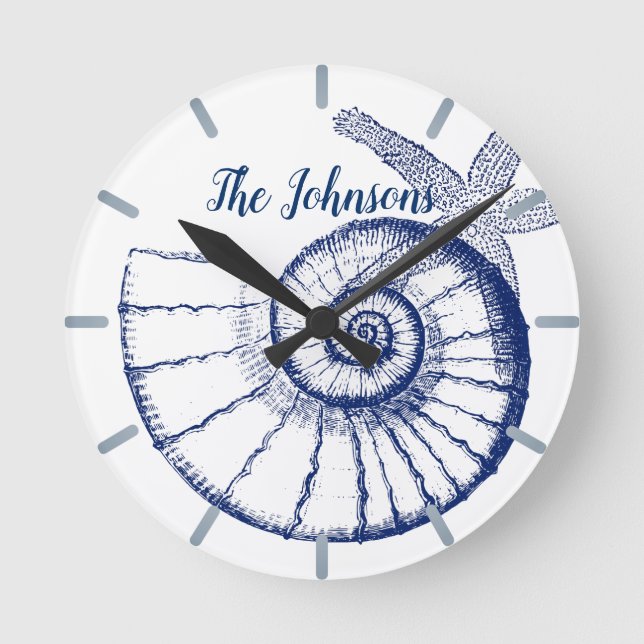 Reloj Redondo Mediano Nautilus Seashell y Starfish Marine Life Personali (Anverso)