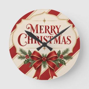 Reloj Redondo Mediano Navidad a rayas, estilo de saludo de Navidad